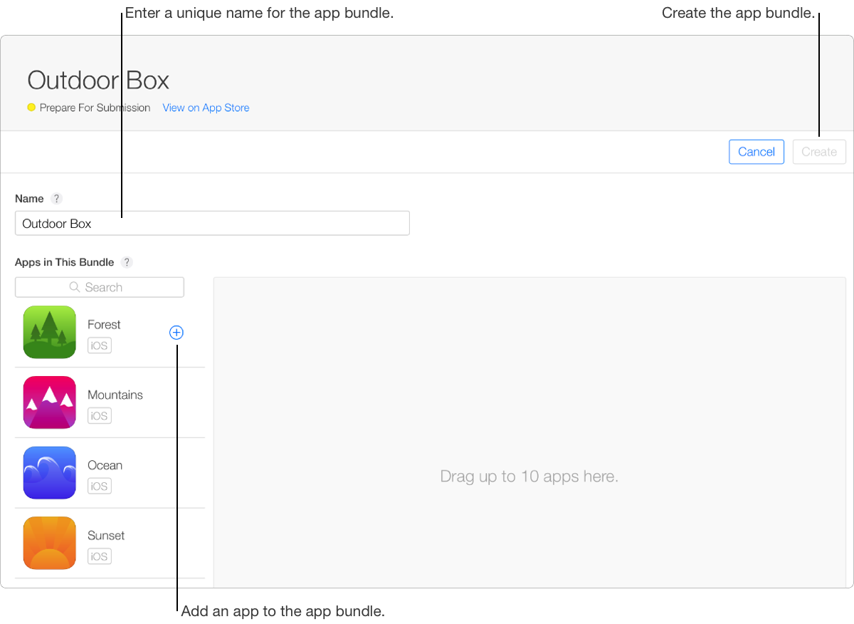 Screenshot of the new app bundle page, where there’s a field to enter an app bundle name and another field to search for apps. A list of apps in your account displays on the left side, and an area where you can drag up to 10 apps is on the right side.