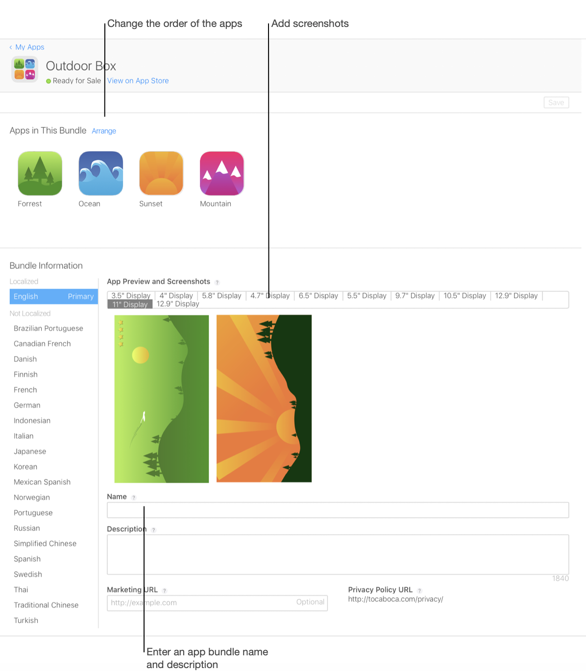 Screenshot of the App Bundle page, which has the Apps in This Bundle section that lists the apps within the bundle. A clickable Arrange text allows you to change the order of the apps. In the Bundle Information section, there is an area to drag screenshots for different device displays, an app bundle name field, app bundle description field, and marketing URL field.