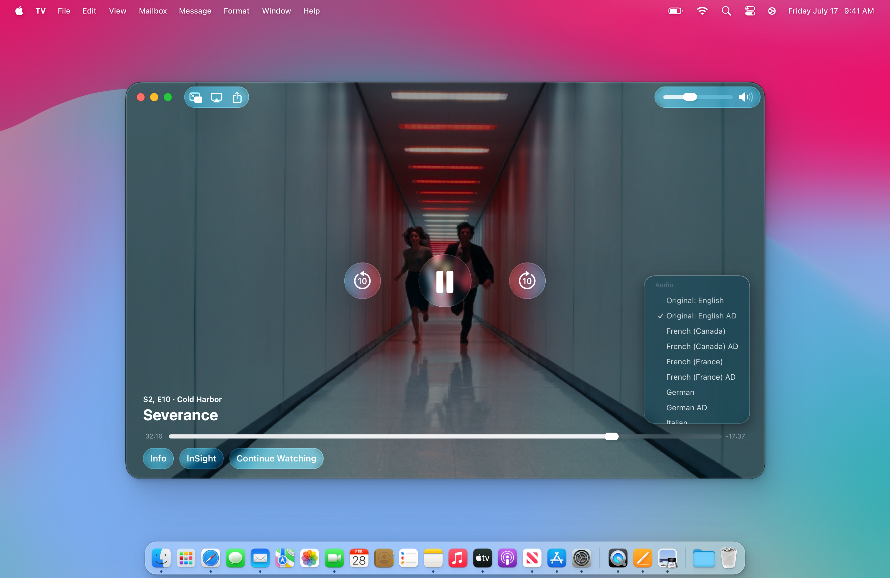 Screen shot of Apple TV app for Mac, displaying a scene from Severance with two characters running down a hallway. The audio track selection menu is open, with “Original: English AD” selected.