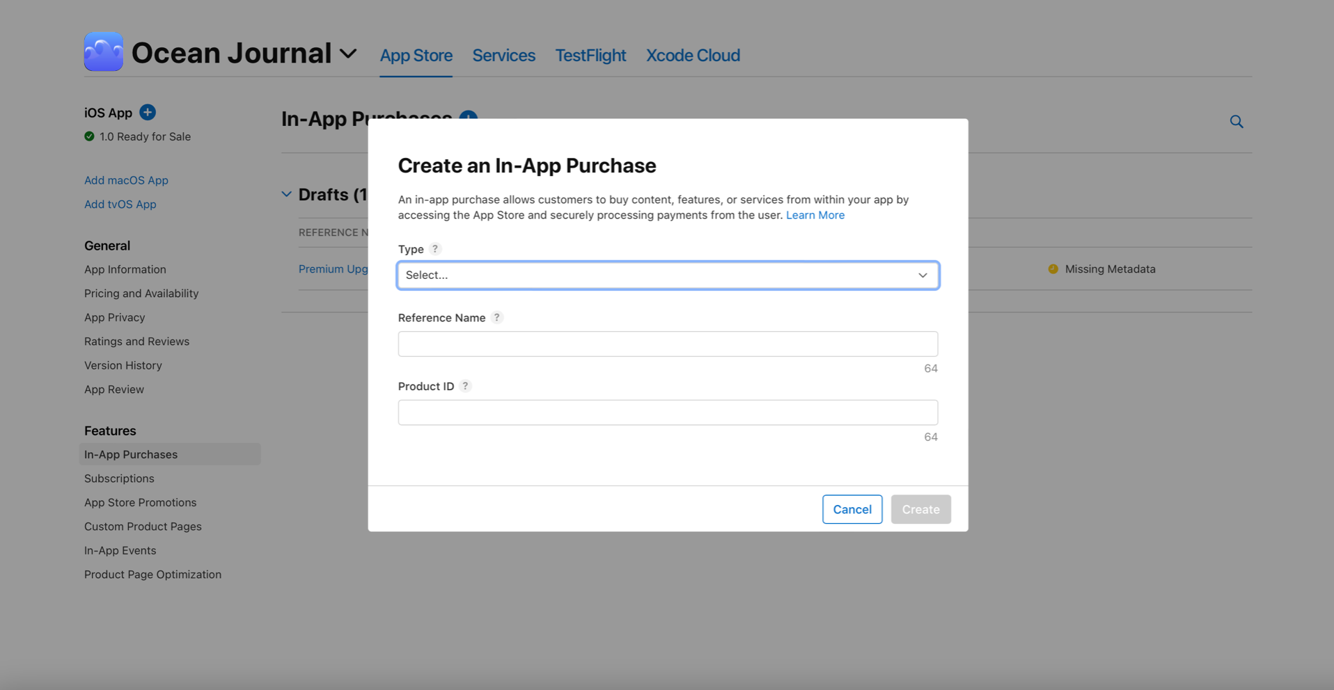 Screenshot of "Create an In-App Purchase" and provides an explanation of In-App Purchases. There is a field labeled Type with a dropdown list. Below that are fields labeled Reference Name and Product ID. There are buttons at the bottom labeled Cancel and Create.