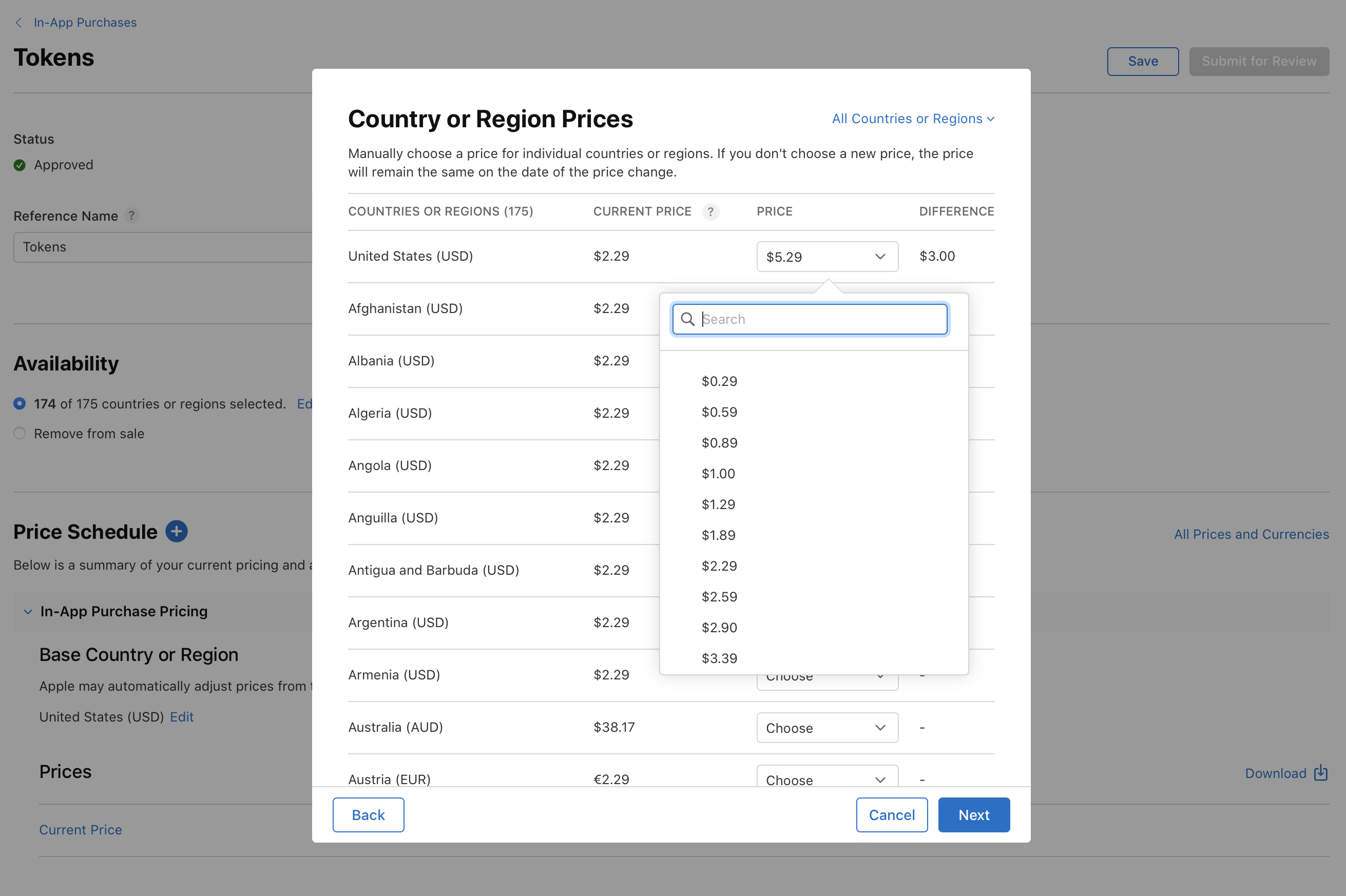 Screenshot of Country or Region Prices. It displays a list of countries or regions with their current price and the option to choose a new price. Buttons for navigation include Back, Cancel, and Next.