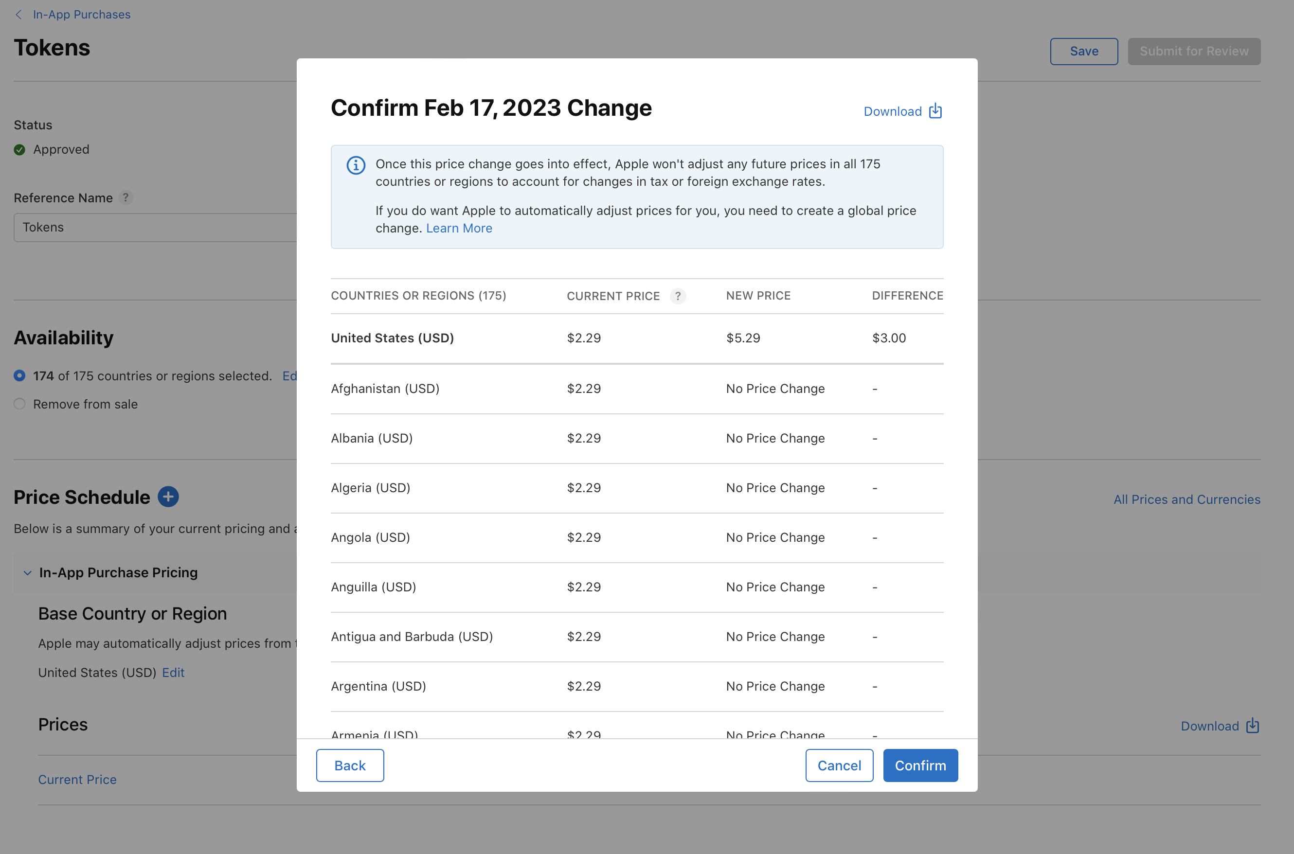 Screenshot of app store price change confirmation pop-up window. Displays current and new prices for countries or regions. Buttons for navigation include Back, Cancel, and Confirm.