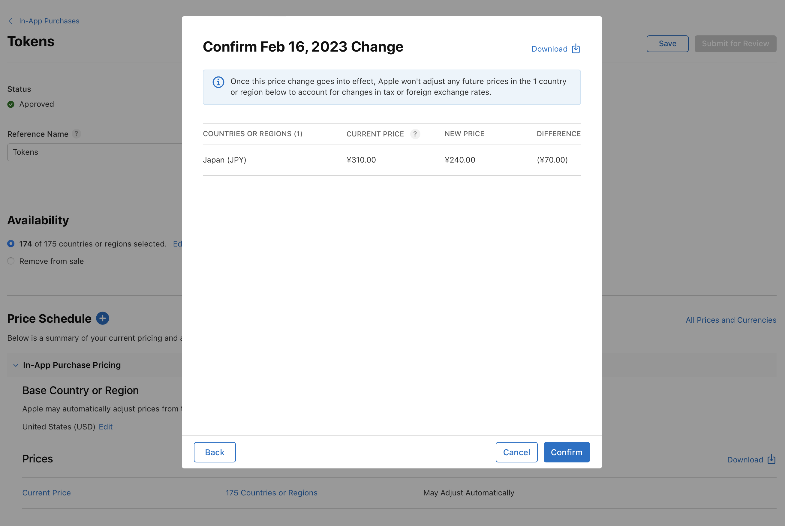 Screenshot of a pricing confirmation pop-up for an app store. It shows the current price of ¥310.00 for Japan, a new price of ¥240.00, and a difference of -¥70.00. There's a warning that says Apple won't adjust future prices in this country or region for tax or foreign exchange rate changes. Buttons for Back, Cancel, and Confirm are at the bottom