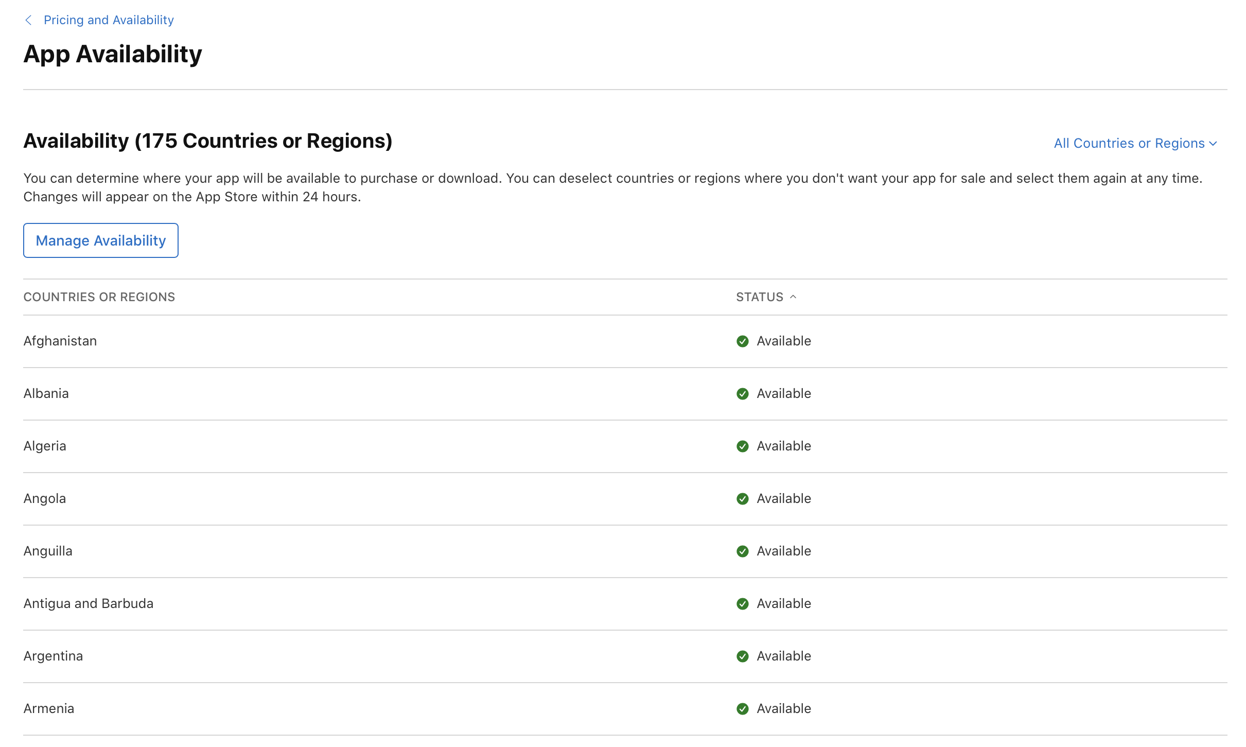 Screenshot of the App Availability page, below Availability (175 Countries or Regions), where there’s the Manage Availability button.