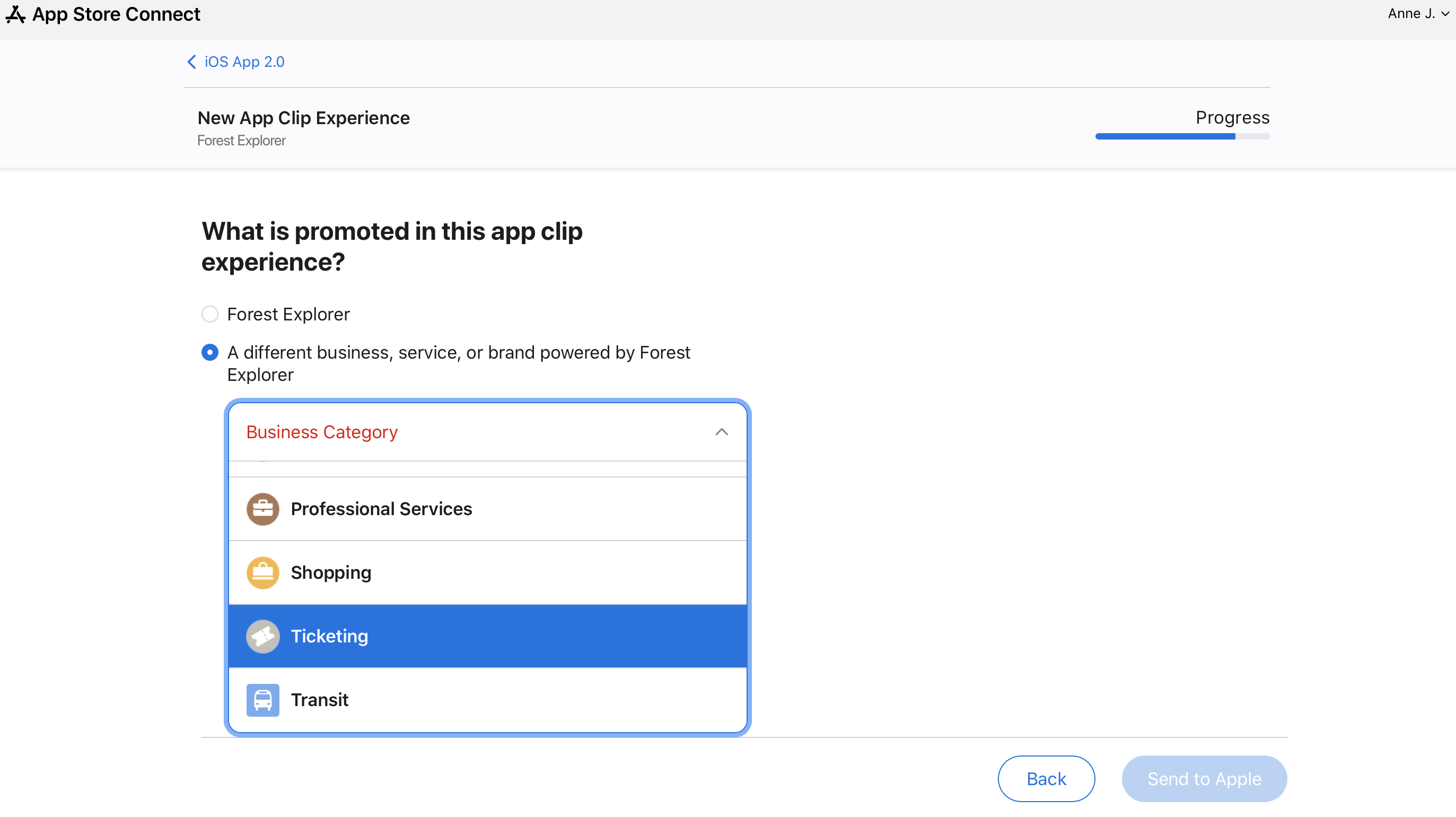 Screenshot of "What is promoted in this app clip experience?" Showing other business options.